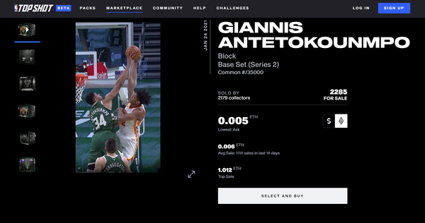 NBA탑샷에서 거래중인 NFT 수집품 /  출처 : nbatopshot.com