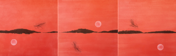 조미영CHOMIYOUNG_깃羽 붉은 오아시스Red Oasis, 91cm x 91cm, 지본채색, 2023_1,2,3