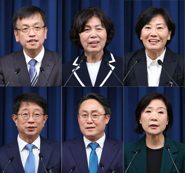 윗줄 왼쪽부터 최상목 부총리 겸 기획재정부 장관 후보자, 강정애 국가보훈부 장관 후보자, 송미령 농림축산식품부장관 후보자, 아랫줄 왼쪽부터 박상우 국토교통부 장관 후보자, 강도형 해양수산부 장관 후보자, 오영주 중소벤처기업부 장관 후보자. 사진=뉴시스