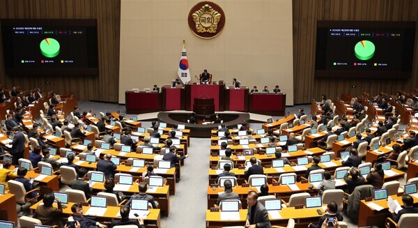 21일 오후 서울 여의도 국회에서 열린 제411회국회(임시회) 제2차 본회의에서 2024년도 예산안이 가결되고 있다. 사진 = 뉴시스