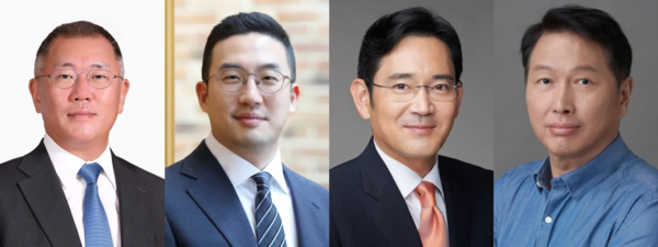 왼쪽부터 정의선 현대자동차그룹 회장, 구광모 LG그룹 회장, 이재용 삼성전자 회장, 최태원 SK그룹 회장. 사진=뉴시스