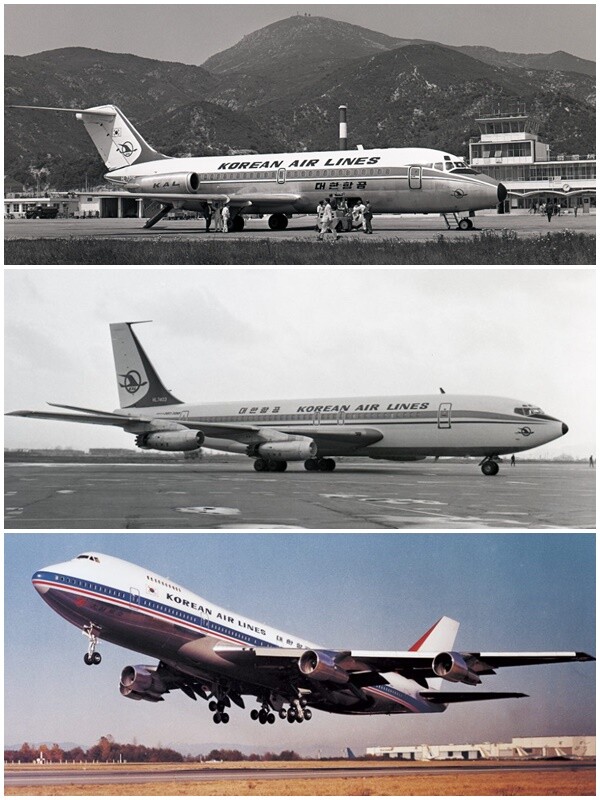 대한항공이 도입한 항공기들. 위부터 DC-9(1967년 도입), 보잉720(1971년 도입), 보잉 747-200(1973년 도입) 순. 사진=대한항공 뉴스룸
